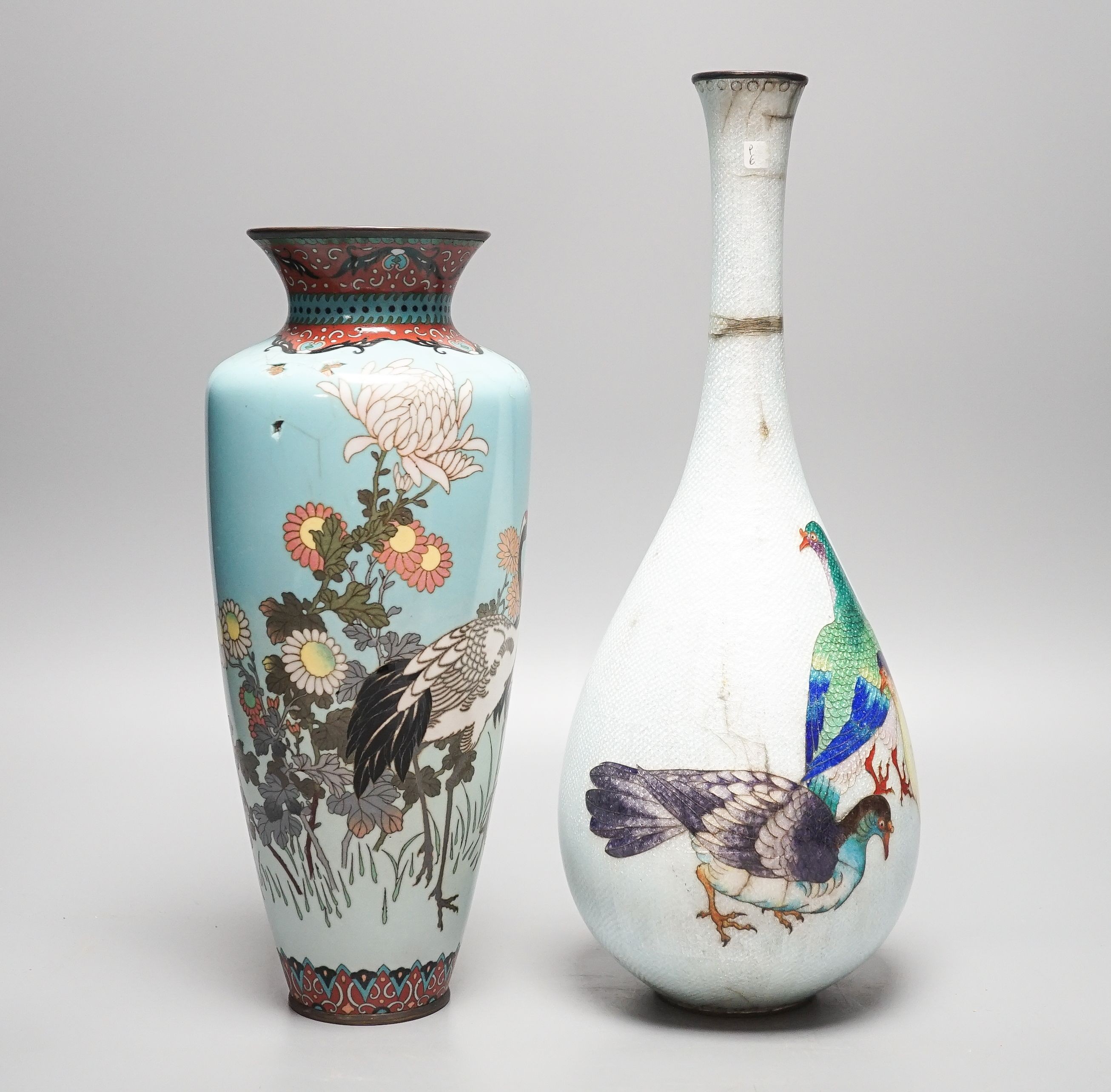 Two Japanese cloisonné enamel vases, tallest 36.5cm, Meiji period